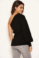 Black One Shoulder Tie Waist Knit Jumper