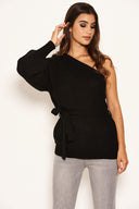 Black One Shoulder Tie Waist Knit Jumper