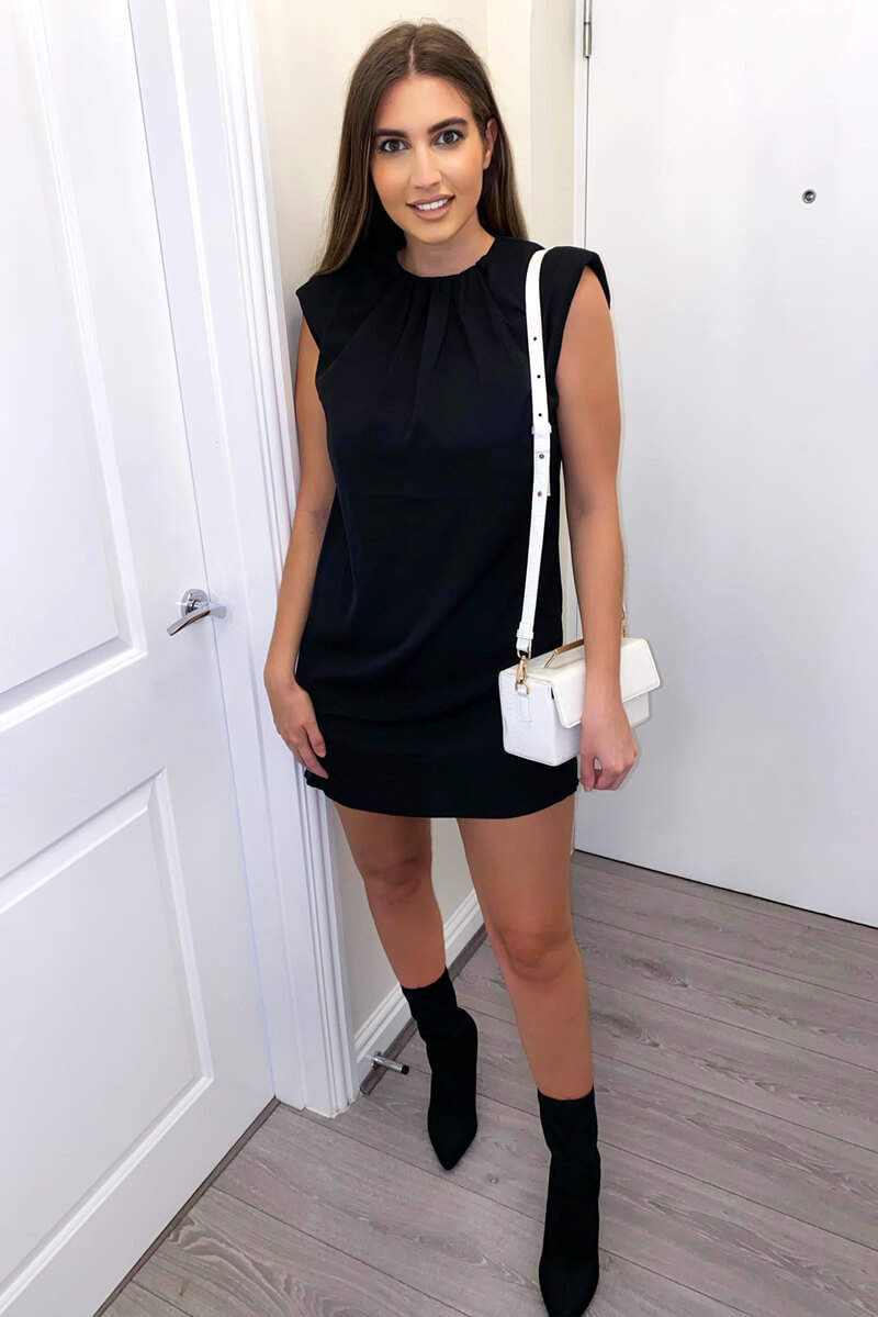 Black Padded Shoulder Shift Dress