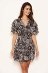 Black Paisley Print Ruffled Chiffon Dress