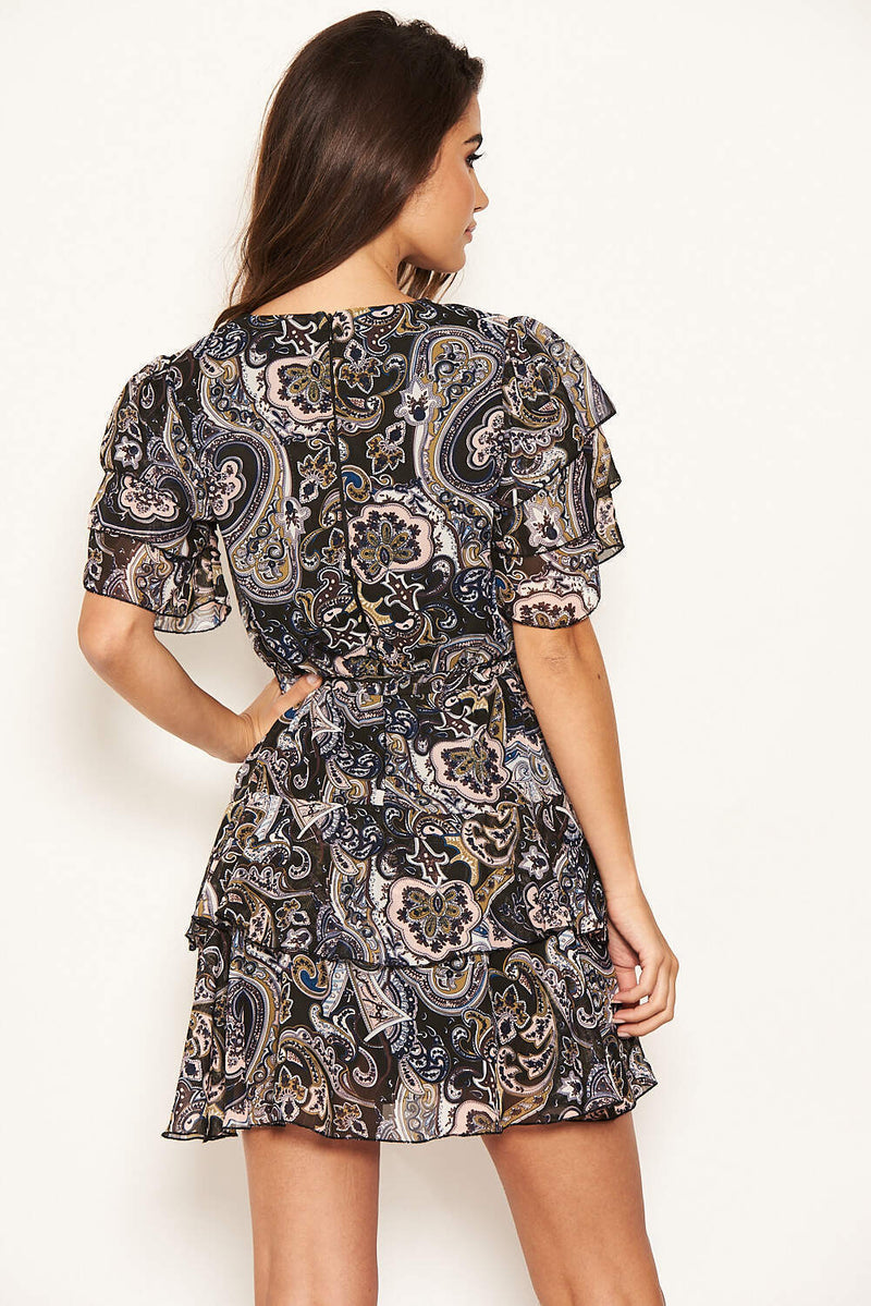 Black Paisley Print Ruffled Chiffon Dress