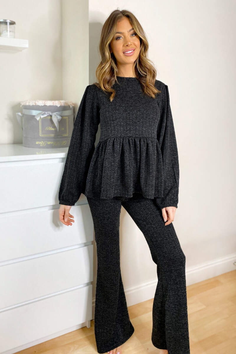 Black Peplum Flared Leg Lounge Set