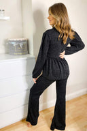 Black Peplum Flared Leg Lounge Set