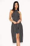 Black Pin Striped Wrap Skirt Cut In Neck Dress