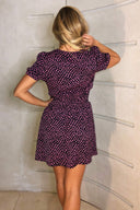 Black Pink Spotty Shirred Waist Mini Dress