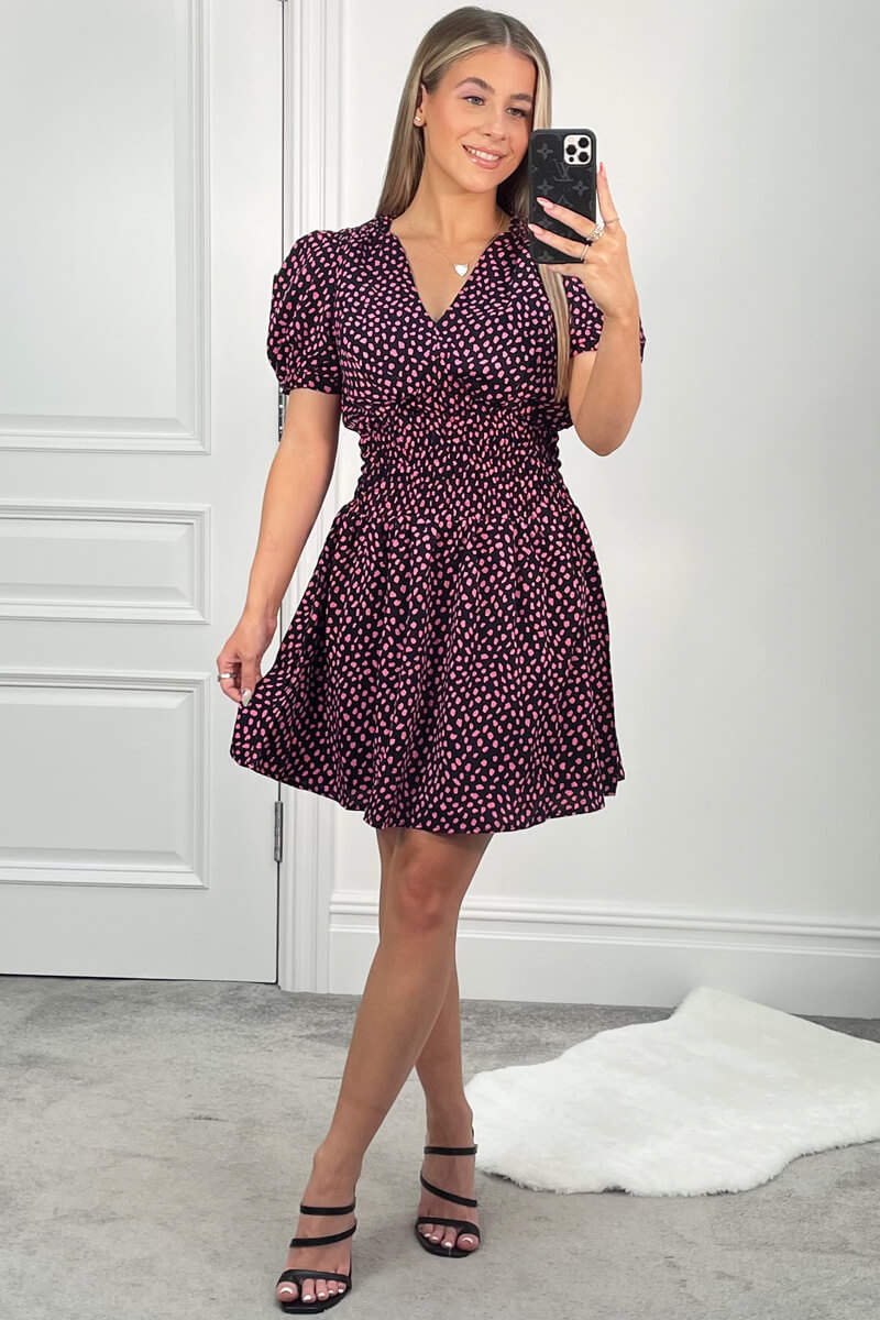 Black Pink Spotty Shirred Waist Mini Dress