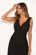 Black Pleated V Neck Maxi Dress