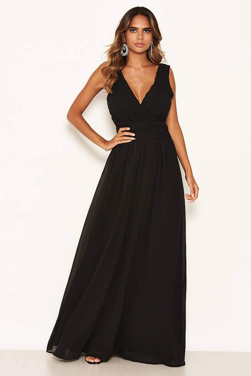 Black Pleated V Neck Maxi Dress