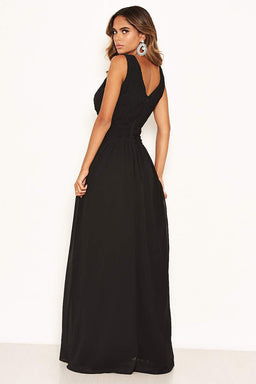 Black Pleated V Neck Maxi Dress