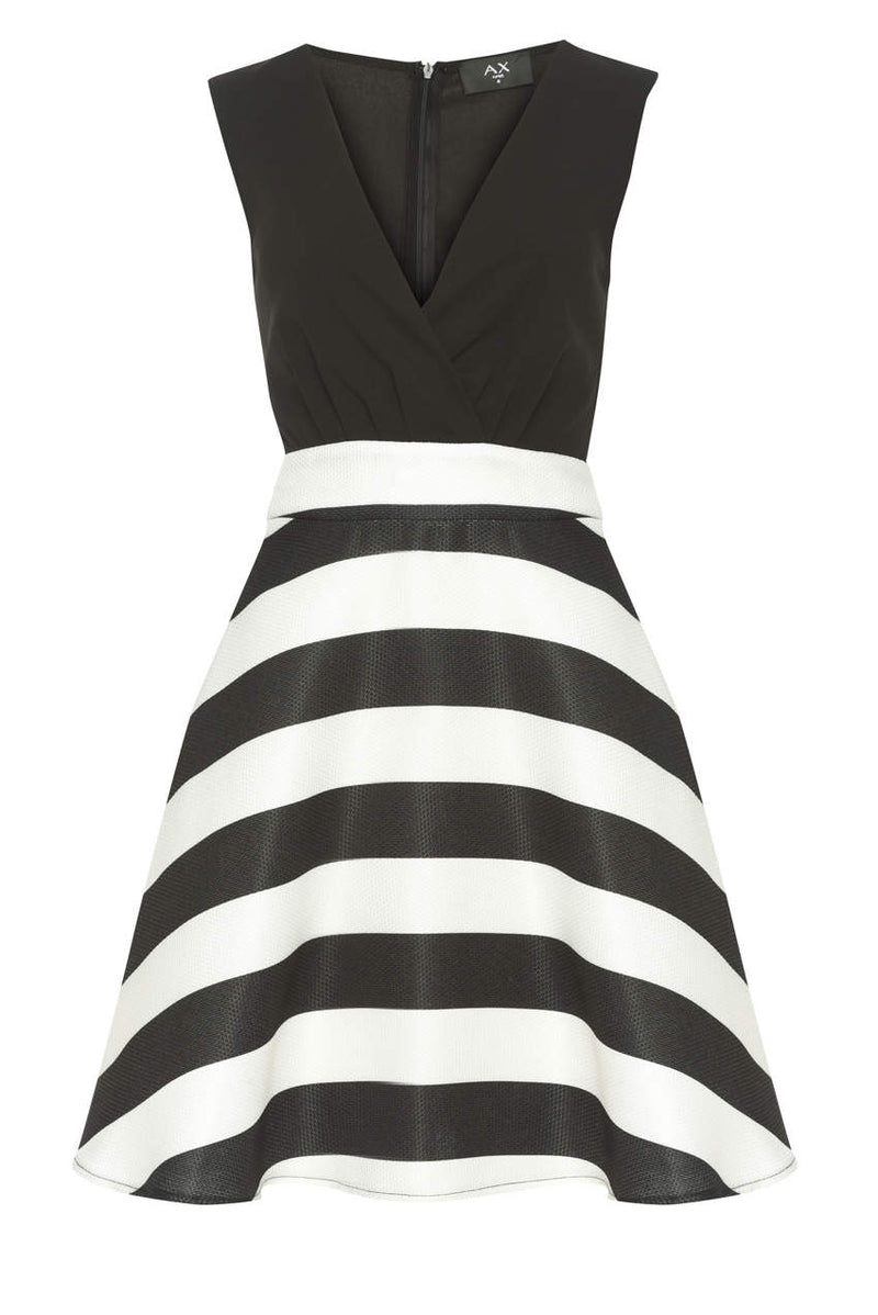 Black Plunge Skater Dress With Striped Print