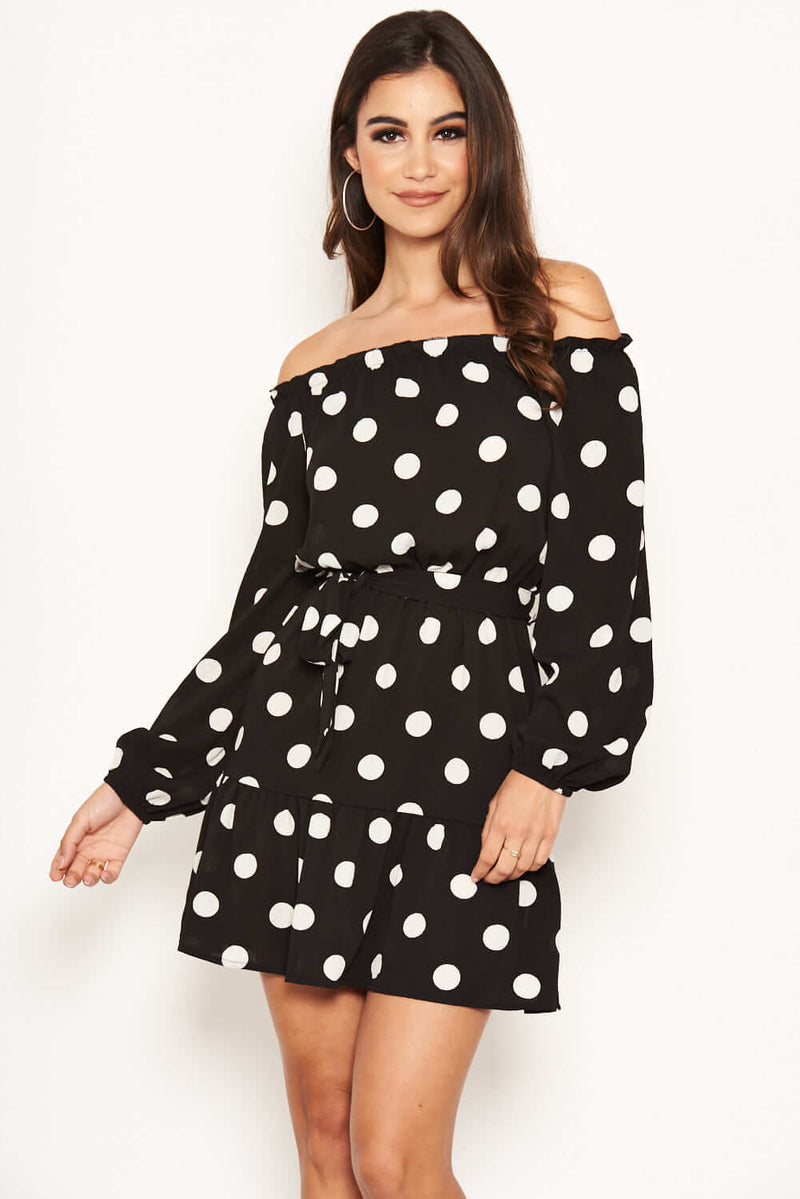 Black Polka Dot Bardot Ruffle Dress