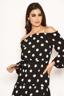 Black Polka Dot Bardot Ruffle Dress