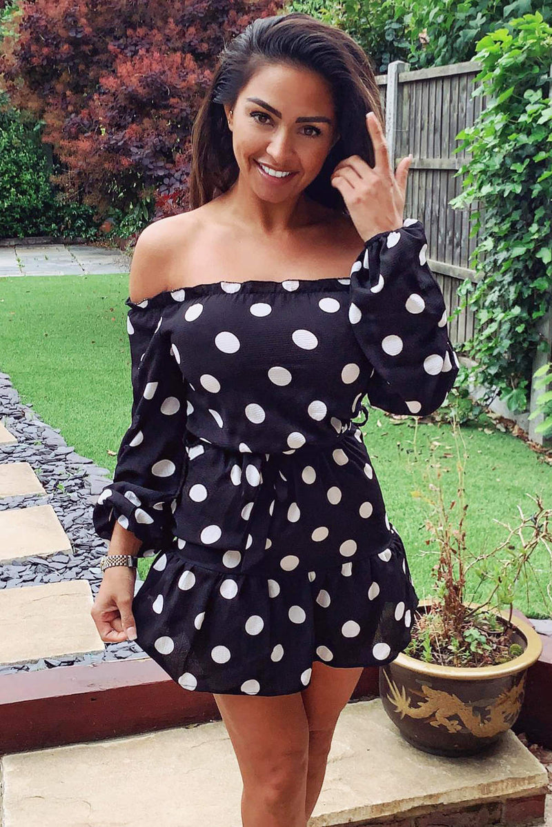 Black Polka Dot Bardot Ruffle Dress AX Paris Black Polka Dot Bardot Ruffle Dress AX Paris