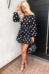 Black Polka Dot Bardot Ruffle Dress