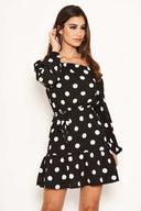 Black Polka Dot Bardot Ruffle Dress