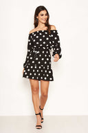 Black Polka Dot Bardot Ruffle Dress