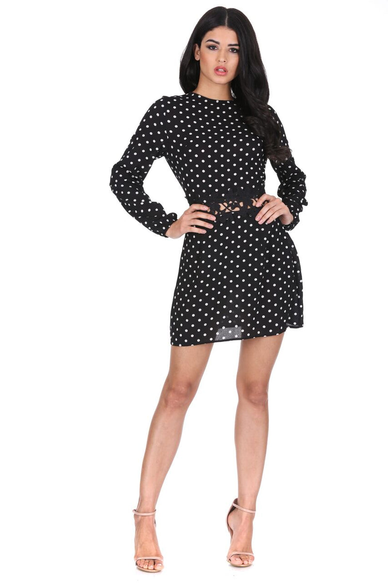 Black Polka Dot Crochet Waist Skater Dress