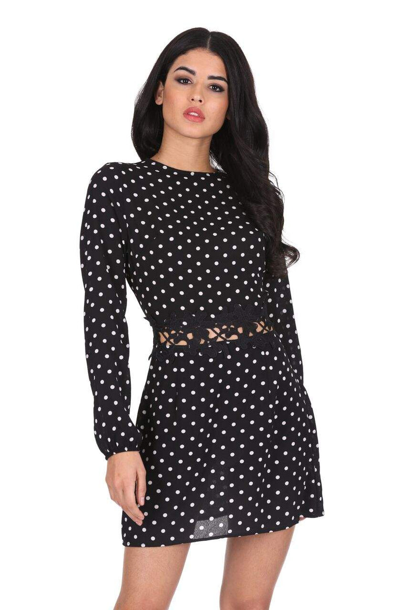 Black Polka Dot Crochet Waist Skater Dress