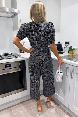 Black Polka Dot Frill Cuff Sleeve Jumpsuit