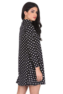 Black Polka Dot High Neck Sleeved Swing Dress