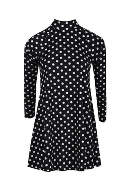 Black Polka Dot High Neck Sleeved Swing Dress