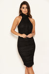 Black Polka Dot Mesh High Neck Ruched Dress