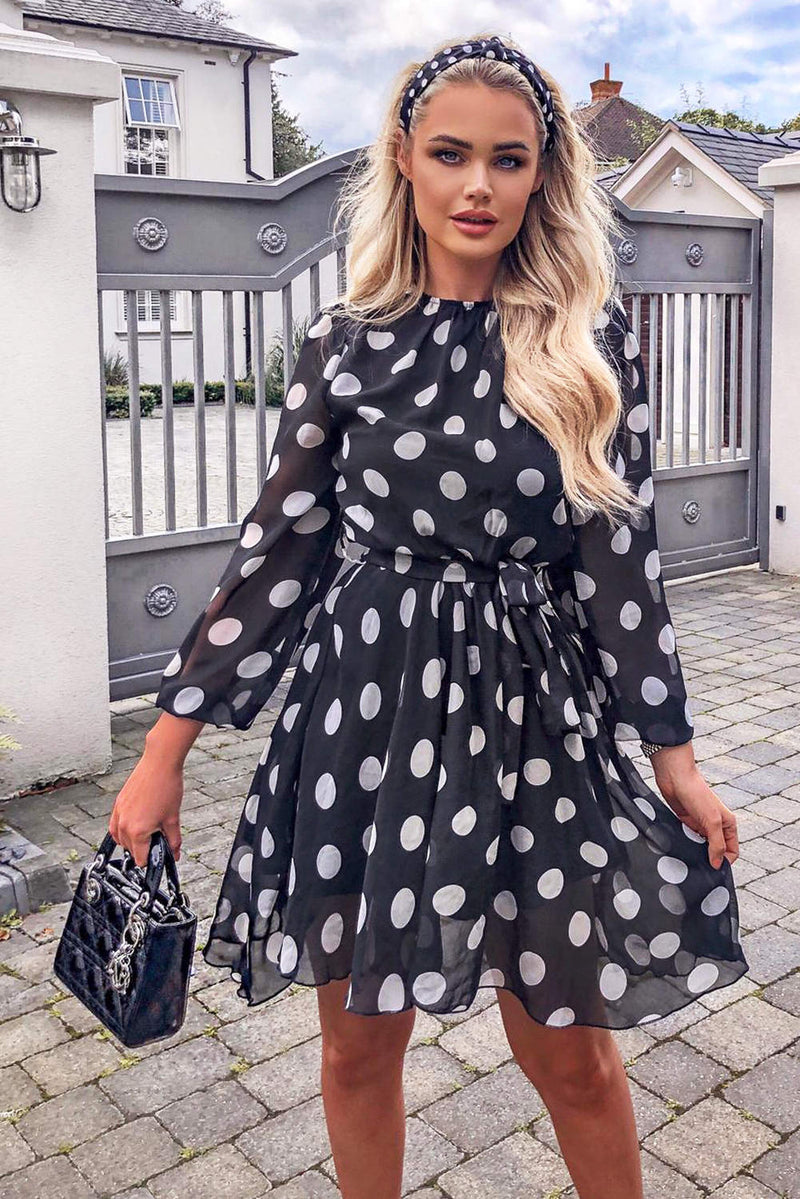 Black Polka Dot Mesh Sleeve Dress AX Paris Black Polka Dot Mesh Sleeve Dress AX Paris