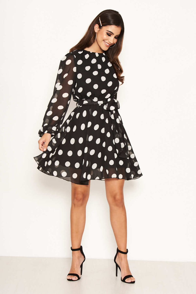 Black Polka Dot Mesh Sleeve Dress AX Paris Black Polka Dot Mesh Sleeve Dress AX Paris