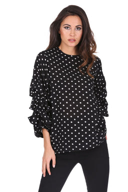 Black Polka Dot Ruffle Sleeve Top