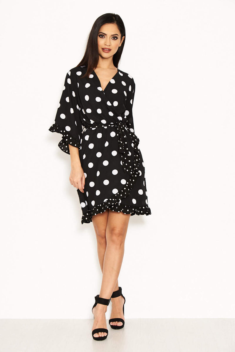 Black Polka Dot Wrap Skater Dress