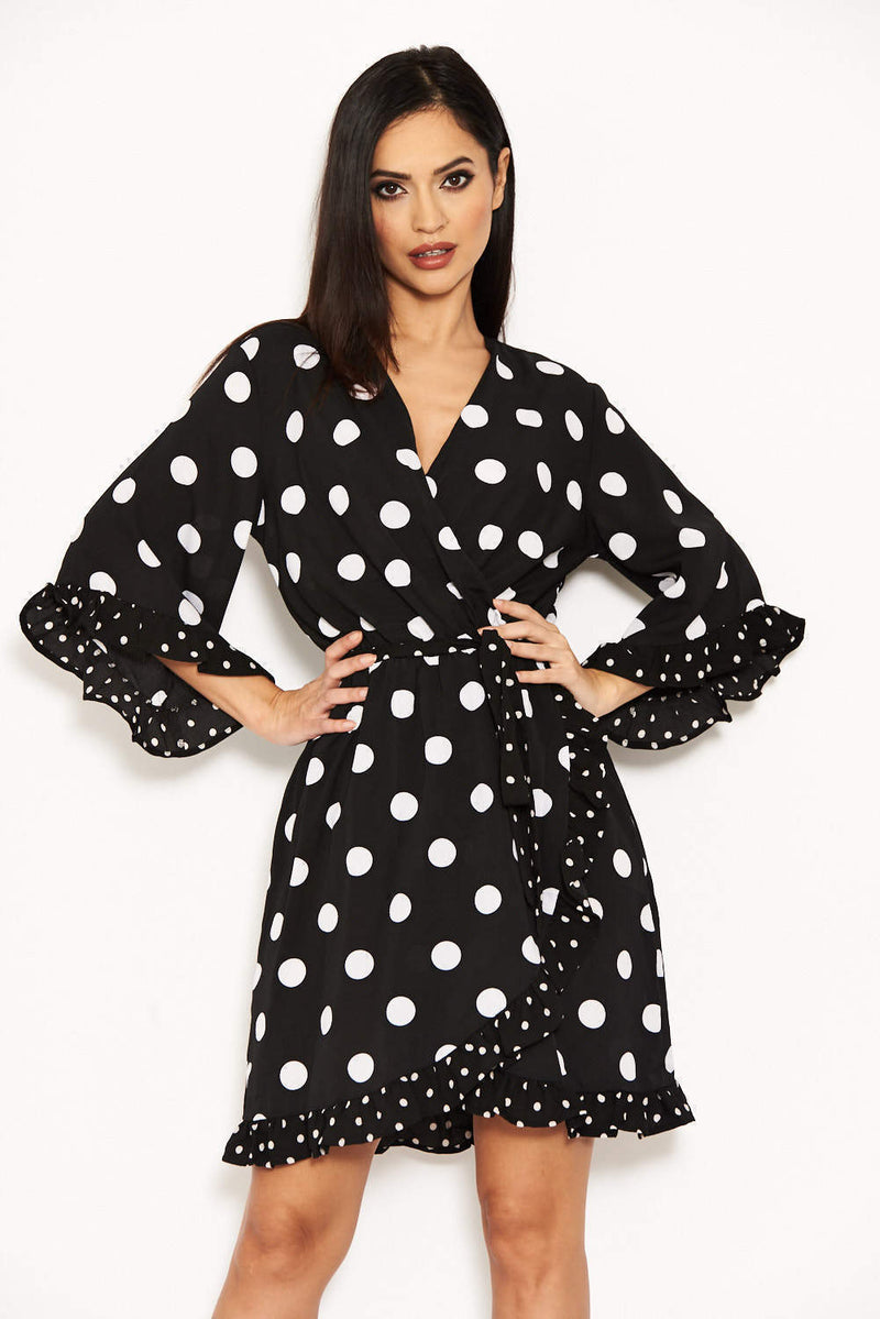 Black Polka Dot Wrap Skater Dress