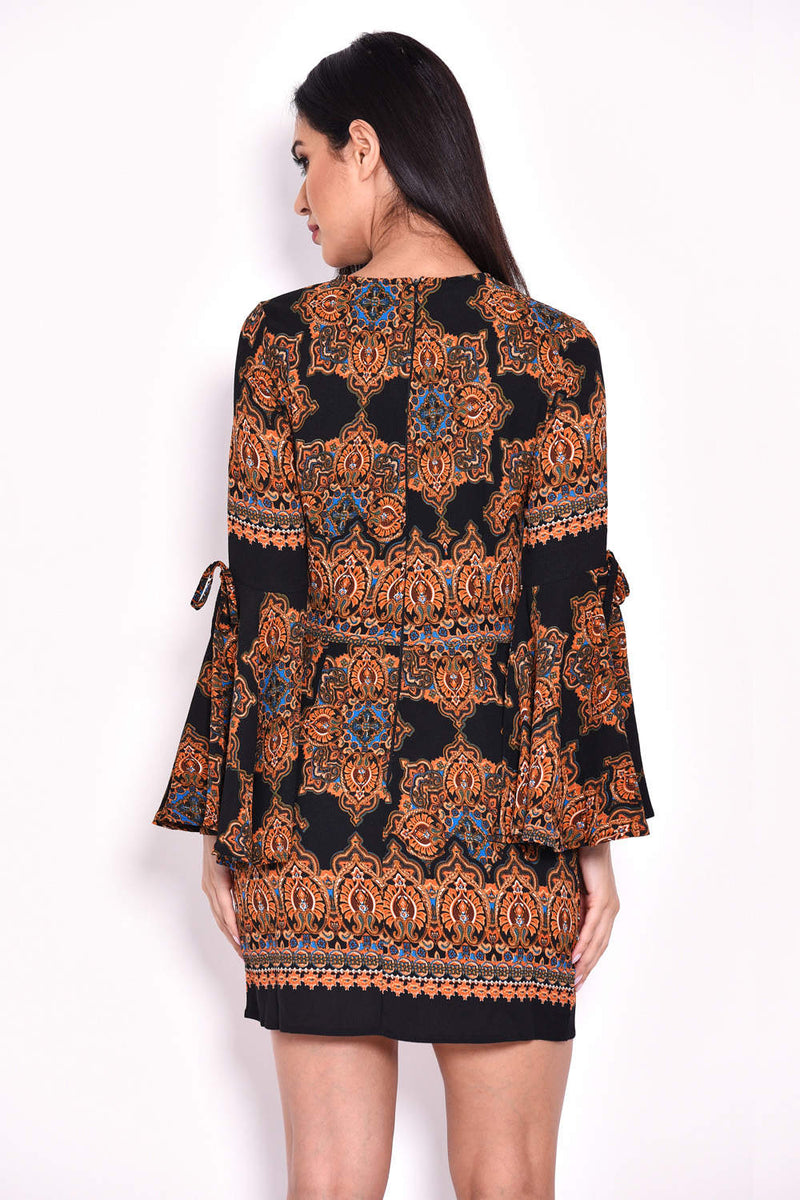 Black Printed Bell Sleeve Dress