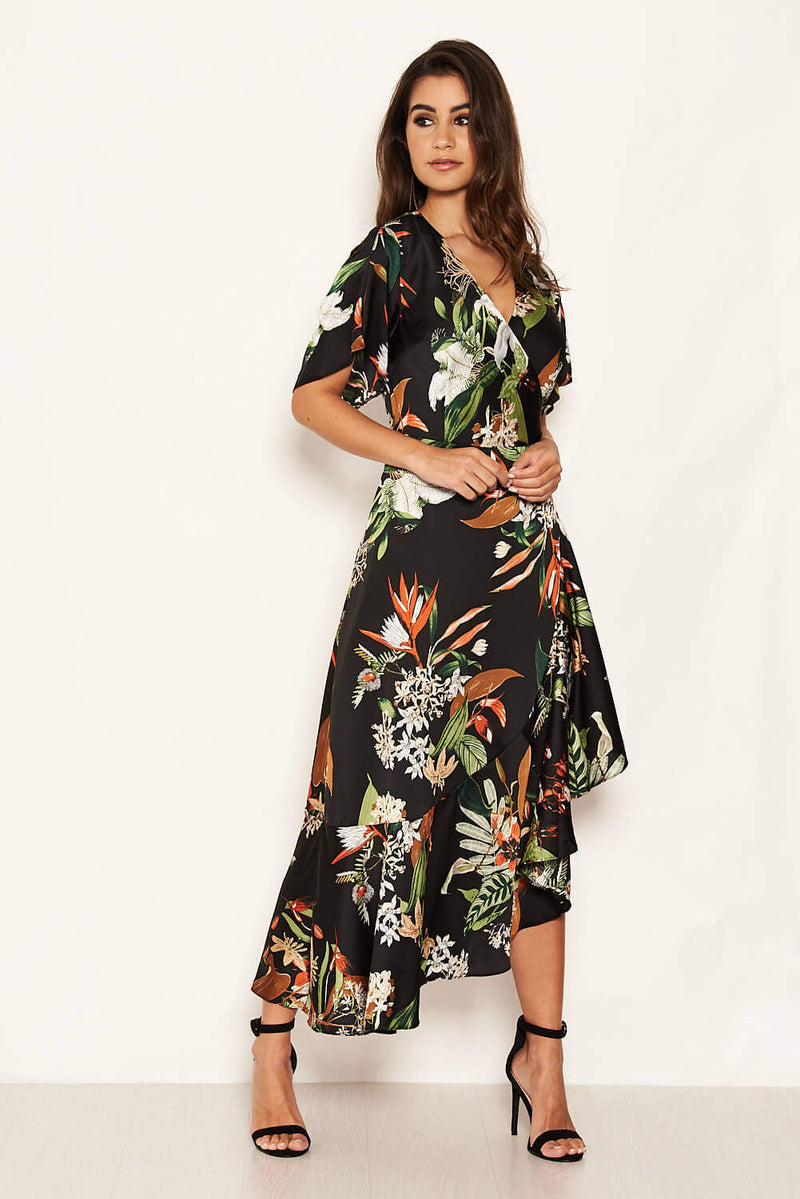 Black Printed Floral Frill Hem Dress