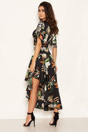 Black Printed Floral Frill Hem Dress