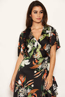 Black Printed Floral Frill Hem Dress