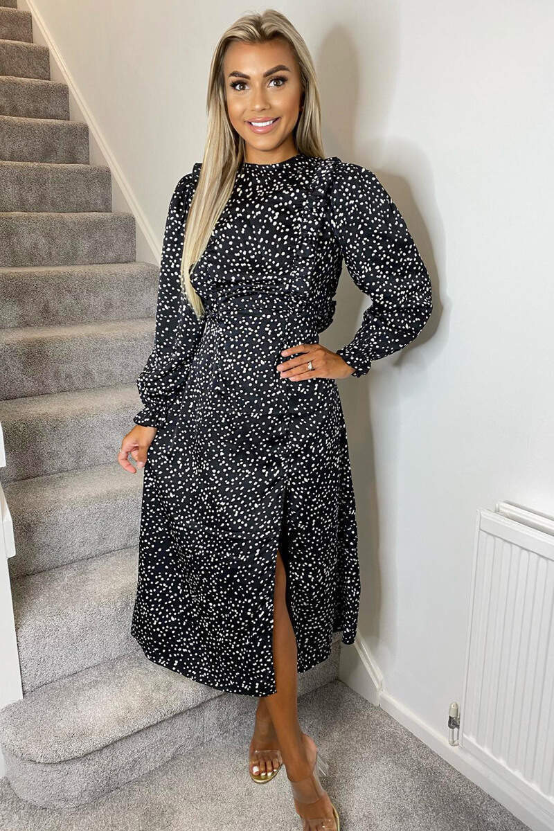 Black Printed Frill Front Midi Dress