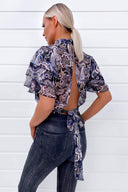 Black Printed Frill Sleeve Crop Top