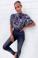 Black Printed Frill Sleeve Crop Top