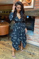 Black Printed Handkerchief Midi Dress