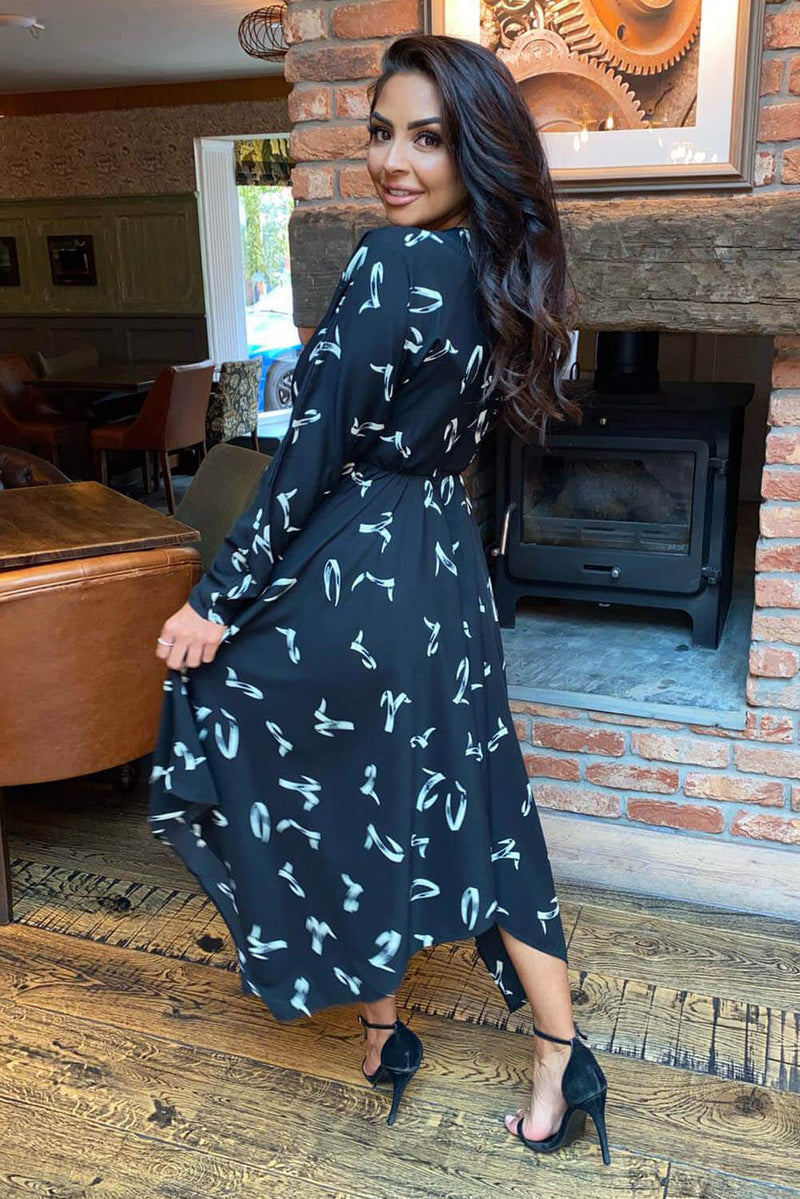 Black Printed Handkerchief Midi Dress