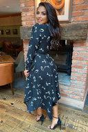 Black Printed Handkerchief Midi Dress