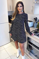 Black Printed Long Sleeve Shift Dress