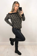 Black Printed Off The Shoulder Knit Jumper