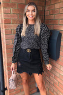 Black Printed Pleated Sleeve Top