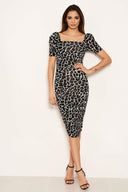 Black Printed Ruched Puff Sleeve Midi Dress