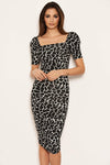 Black Printed Ruched Puff Sleeve Midi Dress