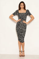 Black Printed Ruched Puff Sleeve Midi Dress