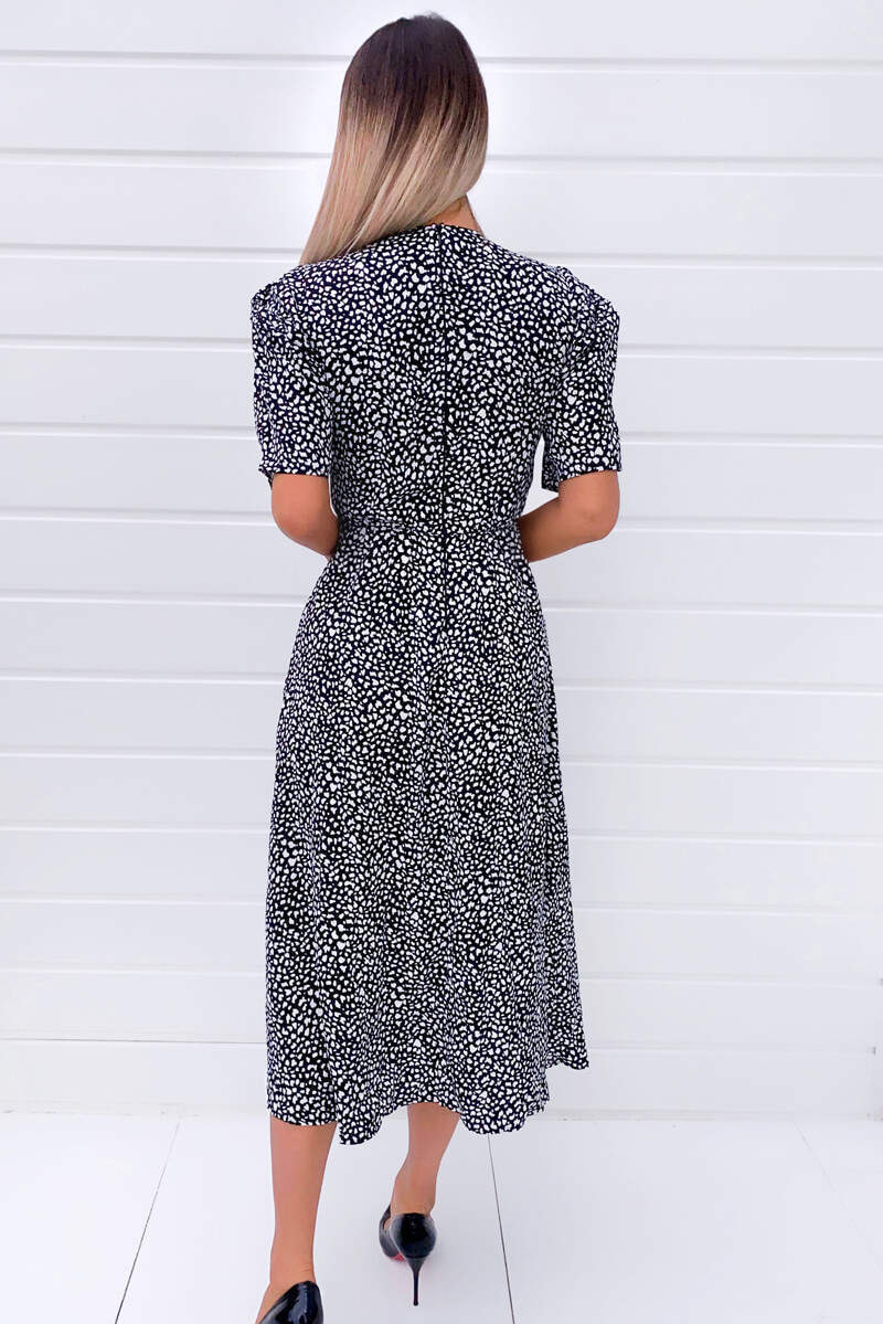 Black Spotty Wrap Over Split Midi Dress