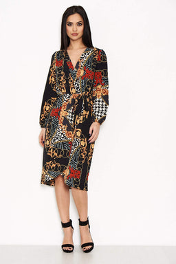 Black Printed V-Neck Wrap Dress