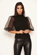 Black Puff Sleeve Knitted Top